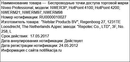 Беспроводные точки доступа торговой марки Niveo Professional, модели: NWER3P; HotPoint 4100; HotPoint 4200; NWERM21; NWERM97; NWERM98