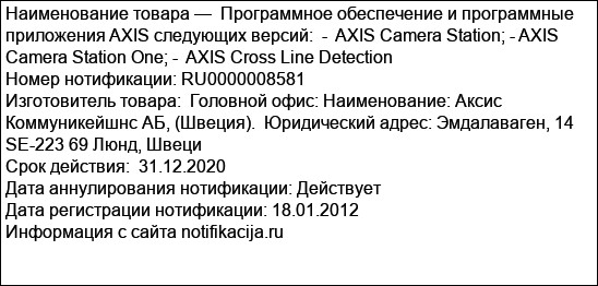 Программное обеспечение и программные приложения AXIS следующих версий:  -  AXIS Camera Station; - AXIS Camera Station One; -  AXIS Cross Line Detection