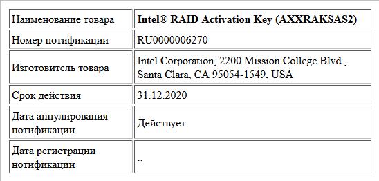Intel® RAID Activation Key (AXXRAKSAS2)