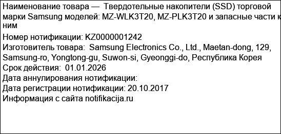 Твердотельные накопители (SSD) торговой марки Samsung моделей: MZ-WLK3T20, MZ-PLK3T20 и запасные части к ним