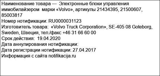 Электронные блоки управления иммобилайзером  марки «Volvo», артикулы 21434395, 21500607, 85003817
