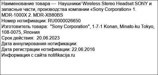 Наушники/ Wireless Stereo Headset SONY и запасные части, производства компании «Sony Corporation» 1. MDR-1000X 2. MDR-XB80BS