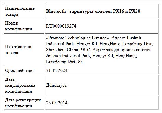 Bluetooth - гарнитуры моделей PX16 и PX20