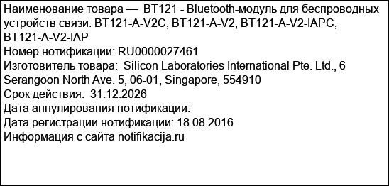 BT121 - Bluetooth-модуль для беспроводных устройств связи: BT121-A-V2C, BT121-A-V2, BT121-A-V2-IAPC, BT121-A-V2-IAP