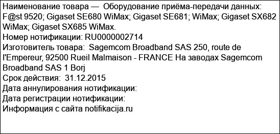 Оборудование приёма-передачи данных: F@st 9520; Gigaset SE680 WiMax; Gigaset SE681; WiMax; Gigaset SX682 WiMax; Gigaset SX685 WiMax.