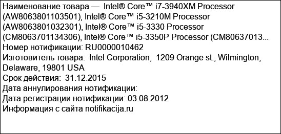 Intel® Core™ i7-3940XM Processor (AW8063801103501), Intel® Core™ i5-3210M Processor (AW8063801032301), Intel® Core™ i5-3330 Processor  (CM8063701134306), Intel® Core™ i5-3350P Processor (CM80637013...