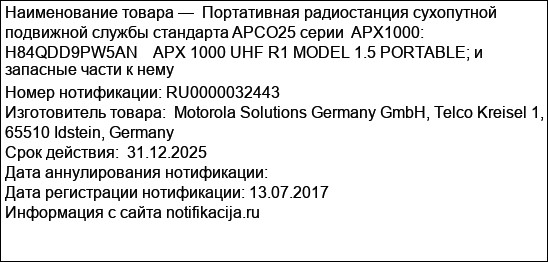 Портативная радиостанция сухопутной подвижной службы стандарта APCO25 серии  APX1000: H84QDD9PW5AN    APX 1000 UHF R1 MODEL 1.5 PORTABLE; и запасные части к нему