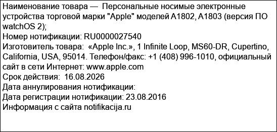 Персональные носимые электронные устройства торговой марки Apple моделей A1802, A1803 (версия ПО watchOS 2);