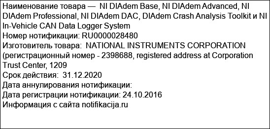 NI DIAdem Base, NI DIAdem Advanced, NI DIAdem Professional, NI DIAdem DAC, DIAdem Crash Analysis Toolkit и NI In-Vehicle CAN Data Logger System