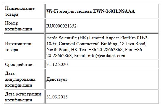 Wi-Fi модуль, модель EWN-1601LNSAAA