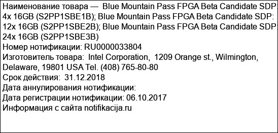 Blue Mountain Pass FPGA Beta Candidate SDP: 4x 16GB (S2PP1SBE1B); Blue Mountain Pass FPGA Beta Candidate SDP: 12x 16GB (S2PP1SBE2B); Blue Mountain Pass FPGA Beta Candidate SDP: 24x 16GB (S2PP1SBE3B)