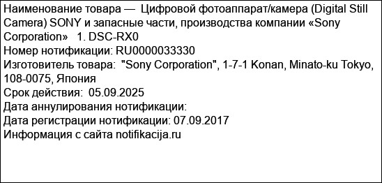 Цифровой фотоаппарат/камера (Digital Still Camera) SONY и запасные части, производства компании «Sony Corporation»   1. DSC-RX0