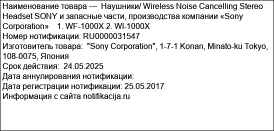 Наушники/ Wireless Noise Cancelling Stereo Headset SONY и запасные части, производства компании «Sony Corporation»    1. WF-1000X 2. WI-1000X
