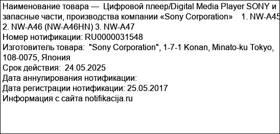 Цифровой плеер/Digital Media Player SONY и запасные части, производства компании «Sony Corporation»    1. NW-A45 2. NW-A46 (NW-A46HN) 3. NW-A47