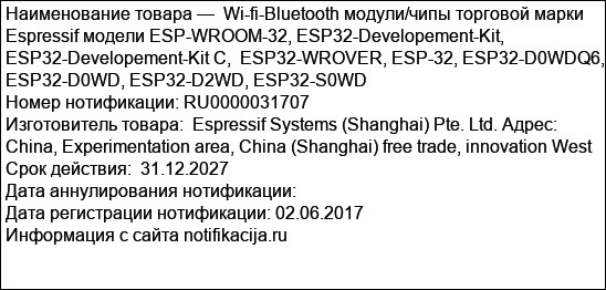 Wi-fi-Bluetooth модули/чипы торговой марки Espressif модели ESP-WROOM-32, ESP32-Developement-Kit, ESP32-Developement-Kit С,  ESP32-WROVER, ESP-32, ESP32-D0WDQ6, ESP32-D0WD, ESP32-D2WD, ESP32-S0WD