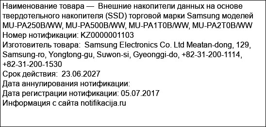 Внешние накопители данных на основе твердотельного накопителя (SSD) торговой марки Samsung моделей MU-PA250B/WW, MU-PA500B/WW, MU-PA1T0B/WW, MU-PA2T0B/WW