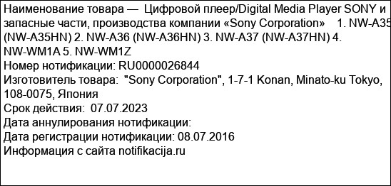 Цифровой плеер/Digital Media Player SONY и запасные части, производства компании «Sony Corporation»    1. NW-A35 (NW-A35HN) 2. NW-A36 (NW-A36HN) 3. NW-A37 (NW-A37HN) 4. NW-WM1A 5. NW-WM1Z