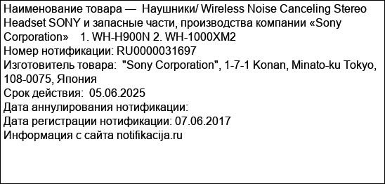 Наушники/ Wireless Noise Canceling Stereo Headset SONY и запасные части, производства компании «Sony Corporation»    1. WH-H900N 2. WH-1000XM2