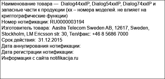 Dialog44xxIP, Dialog54xxIP, Dialog74xxIP и запасные части к продукции (xx – номера моделей. не влияет на криптографические функции)